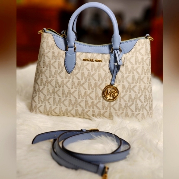 Michael Kors Handbags - NEW! Michael Kors Pale Blue Leather & Vanilla Monogram Austen Small Satchel